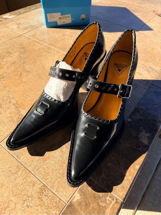 John Fluevog Shoes - John Fluevog Shiny Black Pointed Mary Janes with Buckle Strap